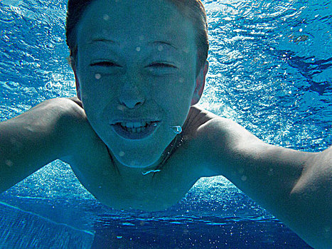 特写,男孩,头像,游泳,水下,游泳池