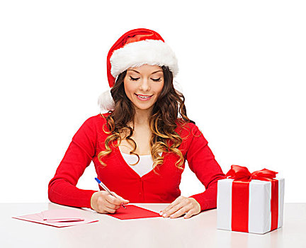 圣诞节,圣诞,礼物,庆贺,概念,微笑,女人,圣诞老人,帽子,礼盒,明信片