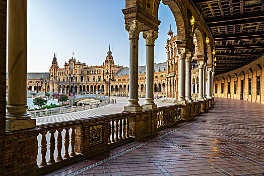 拱廊,西班牙广场,塞维利亚,安达卢西亚,西班牙,欧洲