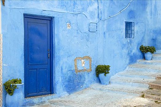 蓝色,门,墙,楼梯,拉巴特,摩洛哥