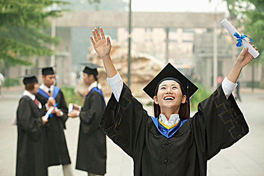 美女,大学,毕业,抬臂,空中,证书