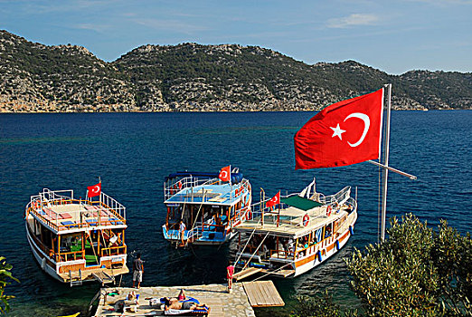土耳其,旗帜,船,码头,乡村,羽衣甘蓝,利西亚,海岸,安塔利亚,省,地中海,欧亚大陆