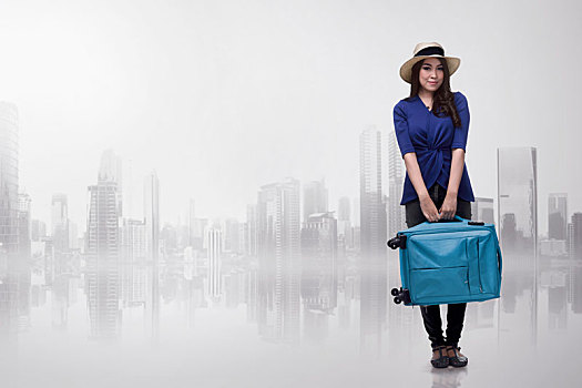 漂亮,亚洲人,旅行者,女人,蓝色,手提箱