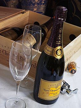 瓶子,香槟,旁侧,木盒