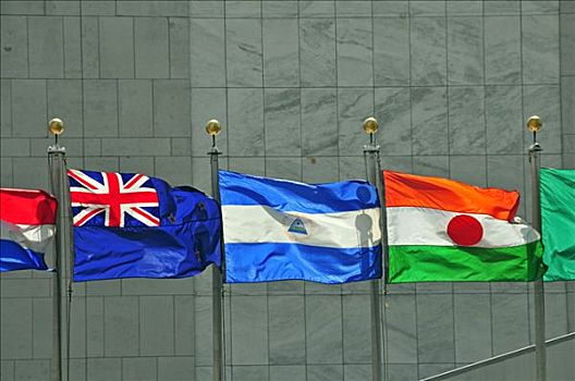 旗帜,新西兰,尼加拉瓜,尼日尔,联合国,总部,曼哈顿,纽约,美国