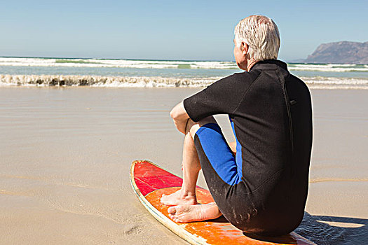 后视图,老人,坐,冲浪板,海洋,海滩