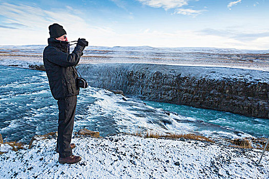 老人,摄影,瀑布,峡谷,河,西南,冰岛