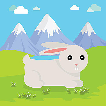 有趣,野兔,插画,坐,青草,背景,山景,灰色,粉色,耳,动物,可爱,哺乳动物,兔子,矢量,自然背景,野生动物