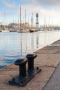 港口,巴塞罗那,西班牙,大,黑色,钢铁,系船柱,海岸