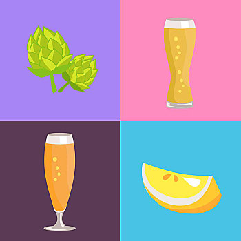 四个,啤酒,象征,矢量,插画,粉色,淡蓝,背景,展示,绿色,炉架,柠檬,两个,玻璃杯,饮料