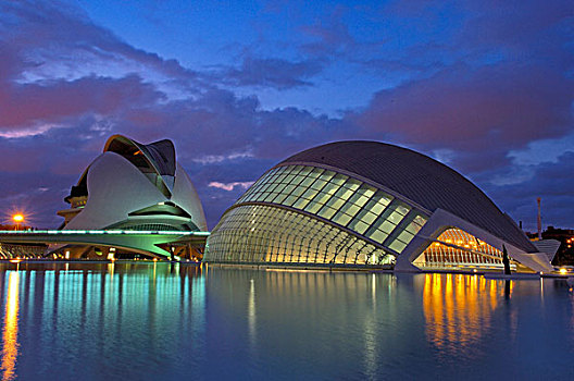 宫殿,艺术,索非亚,黄昏,艺术和科学之城,瓦伦西亚,西班牙,欧洲