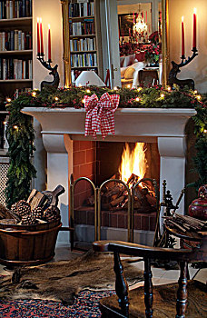 燃烧,壁炉,圣诞节,装饰,时髦,读,房间