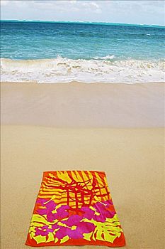 彩色,印花图案,沙滩巾,沙滩,海洋
