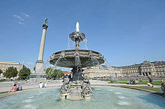 广场,喷泉,高,柱子,雕塑,女神,斯图加特,巴登符腾堡,德国,欧洲