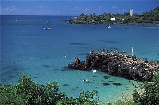 夏威夷,瓦胡岛,北岸,威美亚湾,州立公园,本地居民,岩石上,水下呼吸管,帆船