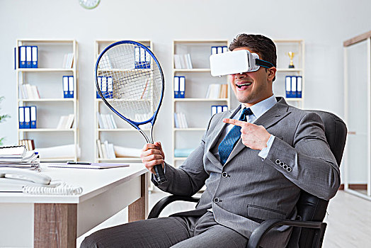 商务人士,玩,虚拟现实,网球,办公室,护目镜