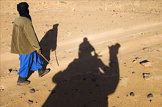 柏柏尔人,引导,走,沙漠,沙子,靠近,影子,骆驼,骑乘,山峦,利比亚