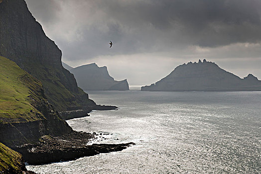 悬崖,正面,剪影,崎岖,石头,法罗群岛,丹麦,欧洲