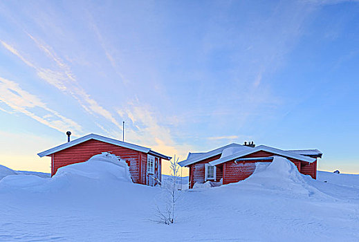 红色,房子,隔绝,北极,冬天,日落,拉普兰,瑞典,欧洲