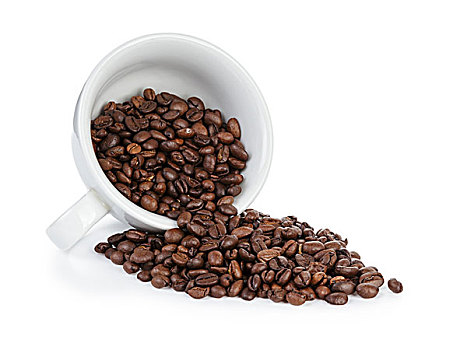 咖啡杯,满,咖啡豆,颠倒,隔绝,白色背景