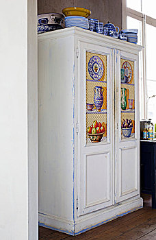 白色,旧式,柜橱,涂绘,蓝色,瓷器,上面