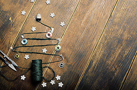 圣诞树,缝纫,物品,背景,木桌子