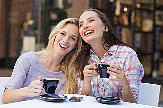 高兴,女人,朋友,交谈,笑,一起,户外,咖啡