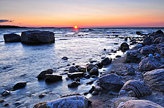 日落,岩石,岸边,乔治亚湾,加拿大