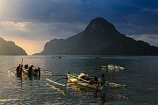 船,日落,湾,爱妮岛,群岛,巴拉望岛,菲律宾