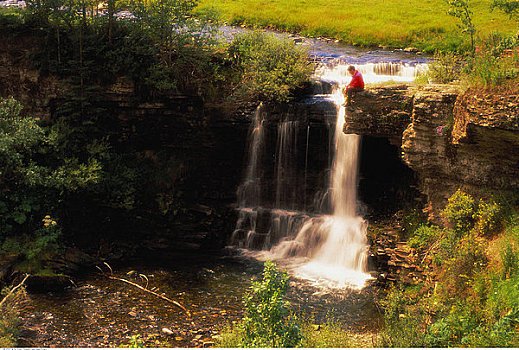 男人,坐,靠近,瀑布,卡纳纳斯基斯县,加拿大