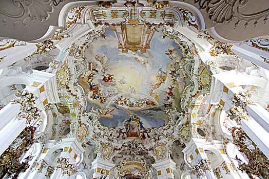 天花板,壁画,圆顶,教堂,维斯,斯坦卡顿,巴伐利亚,德国,欧洲