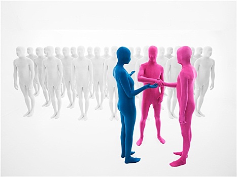 女人,衣服,蓝色,套装,两个男人,粉色,握手,正面,人群,白色