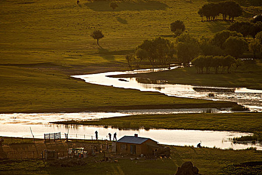 内蒙古呼伦贝尔额尔古纳日落时分的根河湿地