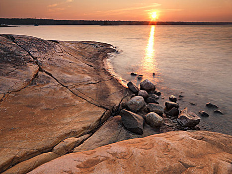日出,岩石上,岸边,乔治亚湾,安大略省,加拿大