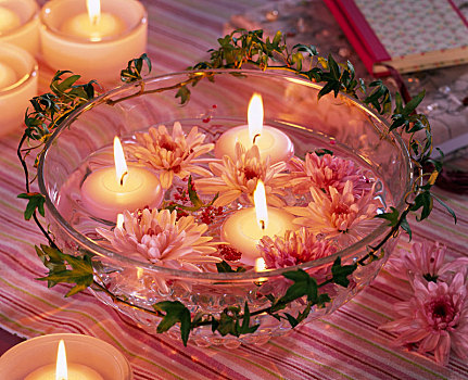 菊花,浮水蜡烛,玻璃碗