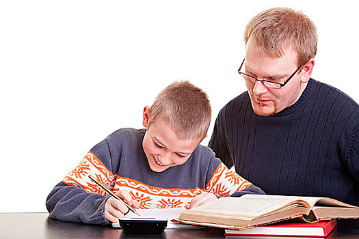 父亲,帮助,儿子,家庭作业,书桌