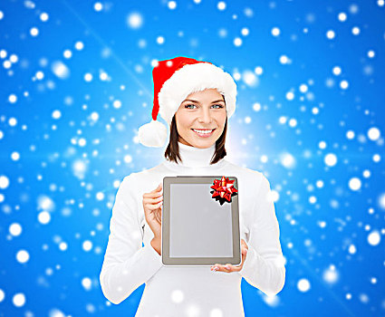 圣诞节,科技,礼物,人,概念,微笑,女人,圣诞老人,帽子,留白,显示屏,平板电脑,电脑,上方,蓝色,雪,背景