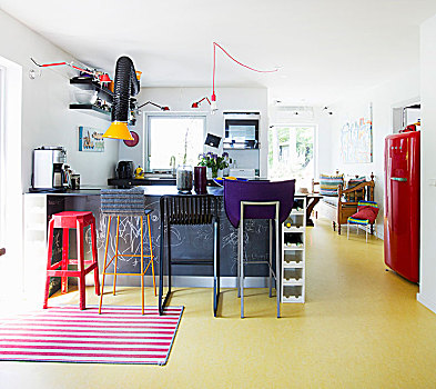 多样,吧椅,彩色,厨房,黄色,地面