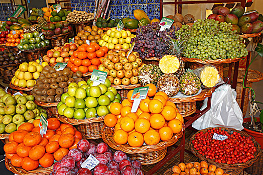 水果摊,多样,水果,市集,丰沙尔,马德拉岛,葡萄牙,欧洲