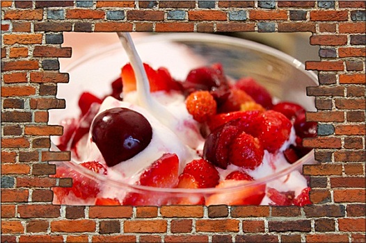 破损,砖墙,冰激凌,樱桃,野草莓