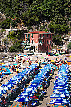 条纹,伞,海滩,五渔村,利古里亚,拉斯佩齐亚省,意大利