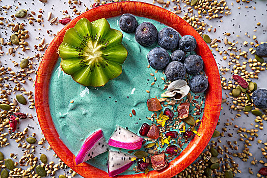 碗,冰沙,猕猴桃,蓝莓,种子,火龙果