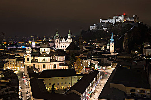 城市,霍亨萨尔斯堡城堡,教区教堂,大教堂,夜景,萨尔茨堡,奥地利,欧洲