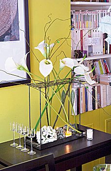 安放,白花,黑色背景,桌子,墙壁