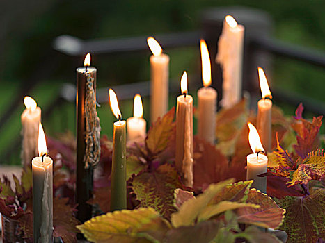 照亮,蜡烛,户外桌,叶子