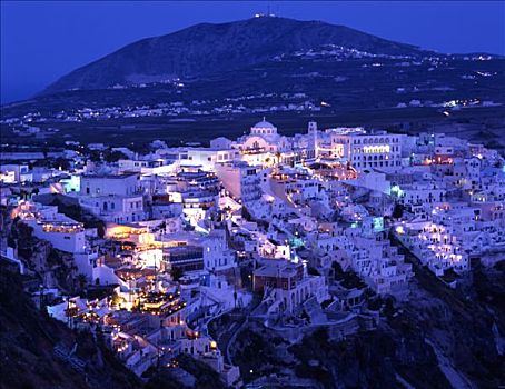 希腊,基克拉迪群岛,圣特林,锡拉岛,夜晚,乡村