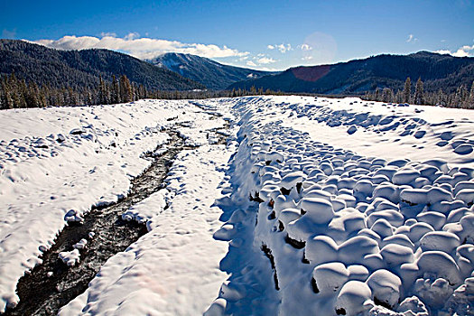 积雪,河,瀑布,山峦,俄勒冈,美国