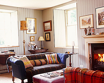 浅色,花格布,毯子,遮盖,沙发,舒适,客厅