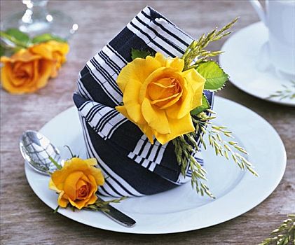 餐巾,装饰,黄玫瑰,草
