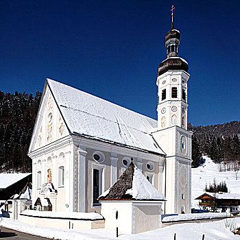 积雪,教堂,巴伐利亚,乡村,泽哈尔,上巴伐利亚,德国,欧洲